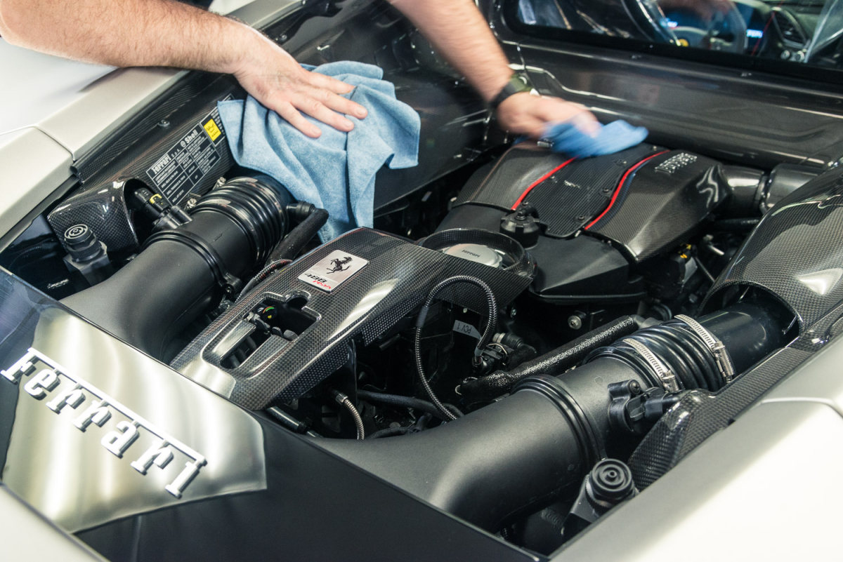 Professional engine bay cleaning to remove dirt and protect components. Detailed care for the long lifespan of the engine.